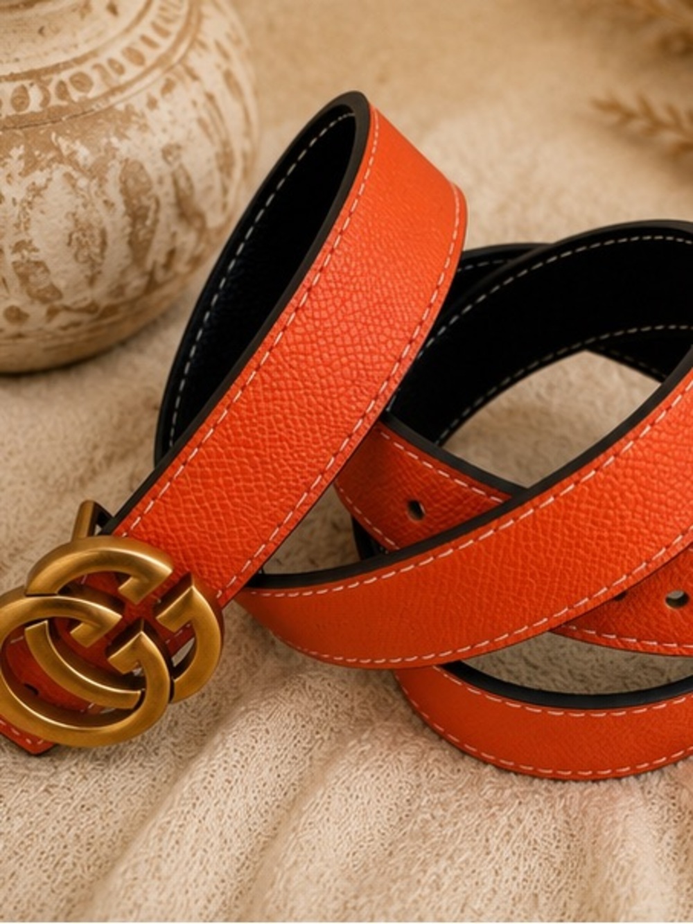 Designer Inspired Reversible Orange & Black GG Style Belt 43”